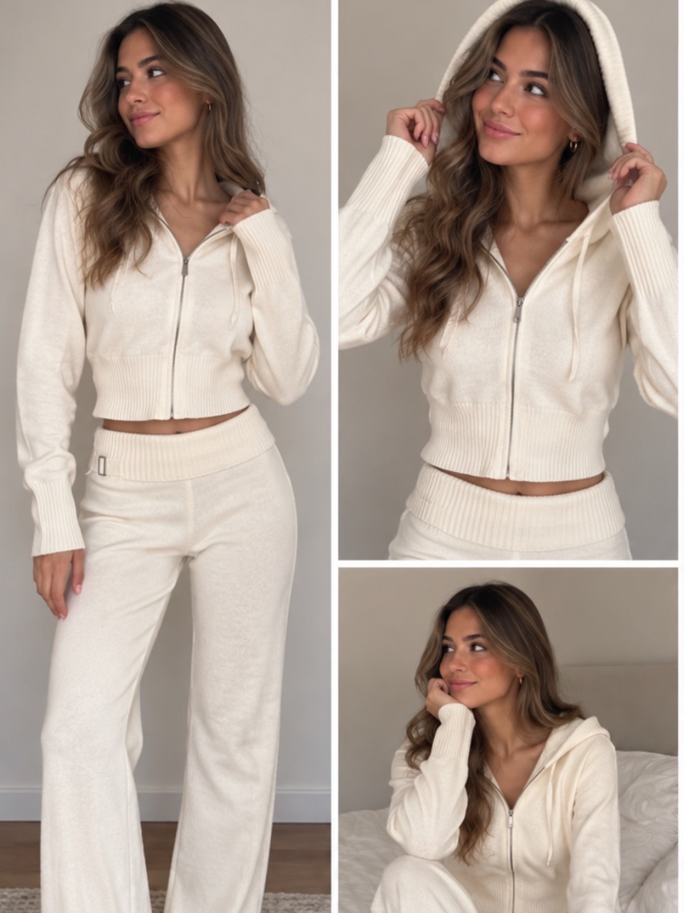White Knit Hooded Two-Piece Set